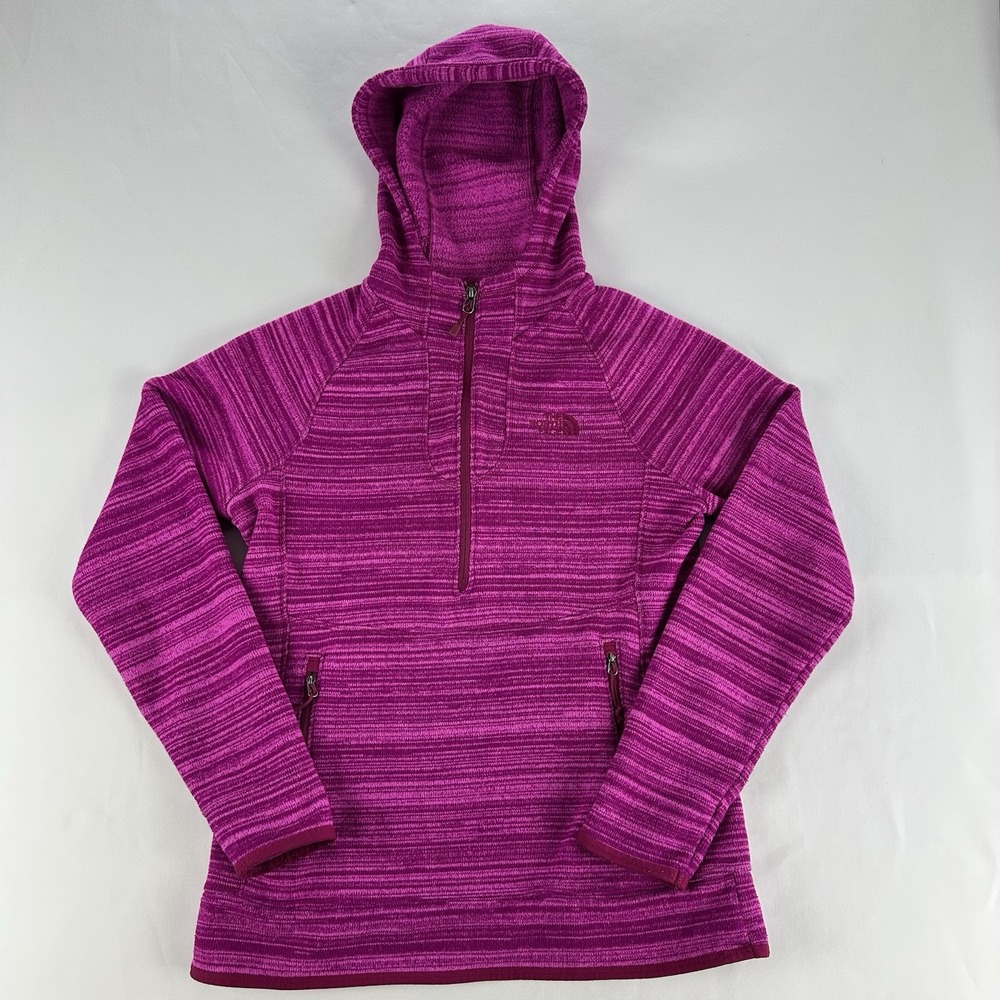 The North Face Womens Zip Sweater Hoodie Sz M Hot Pink Striped Knit Raglan‎ Top